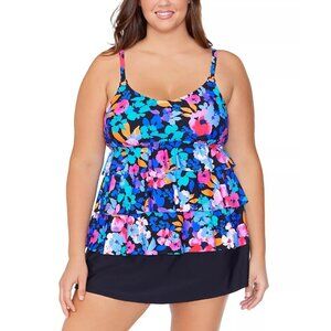 Island Escape Womens Plus Size 18W Floral UN Tankini Swim Top Black
